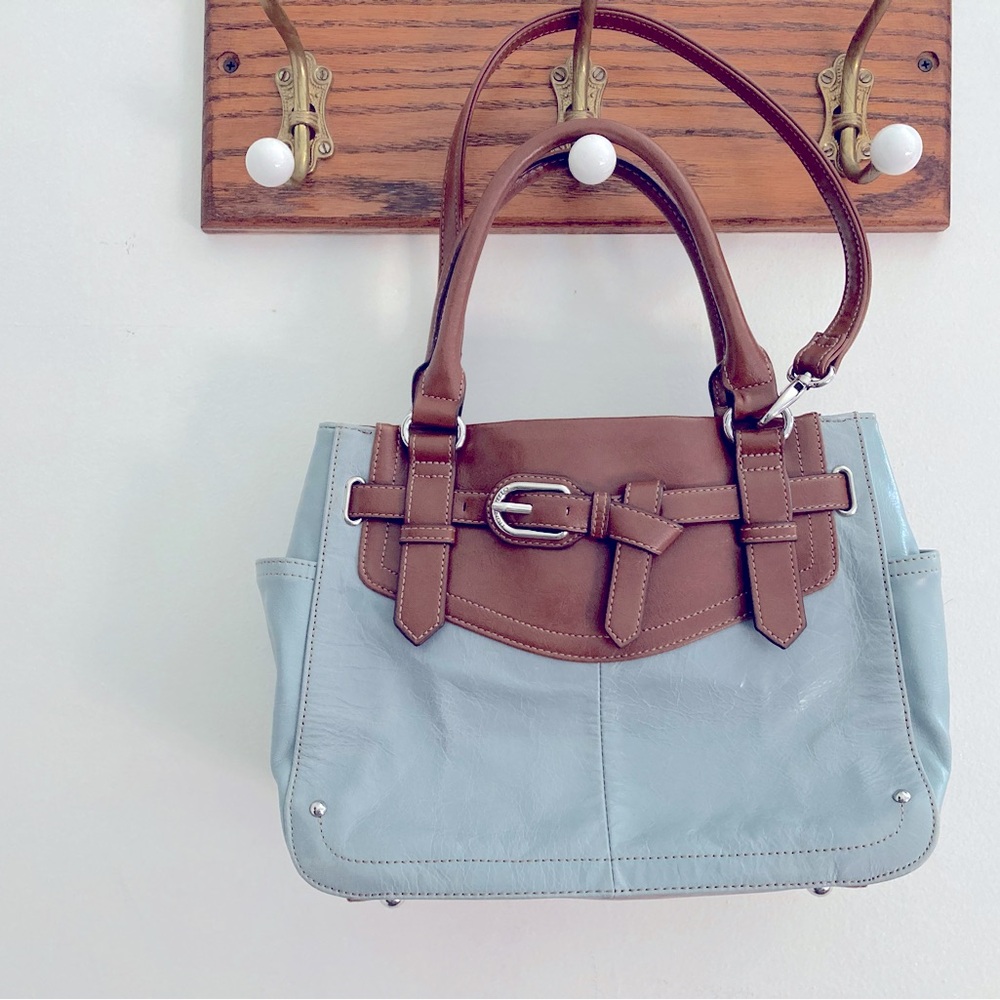 Tignanello purse blue and brown leather with silver buckle